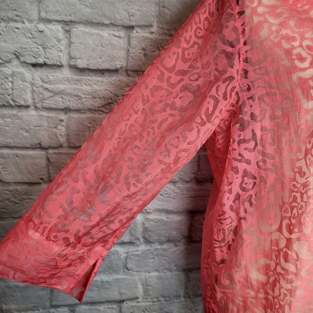 Hearts of Palm pink coral sheer burnout fabric button front 3/4 sleeve top sz 12 - Picture 5 of 8